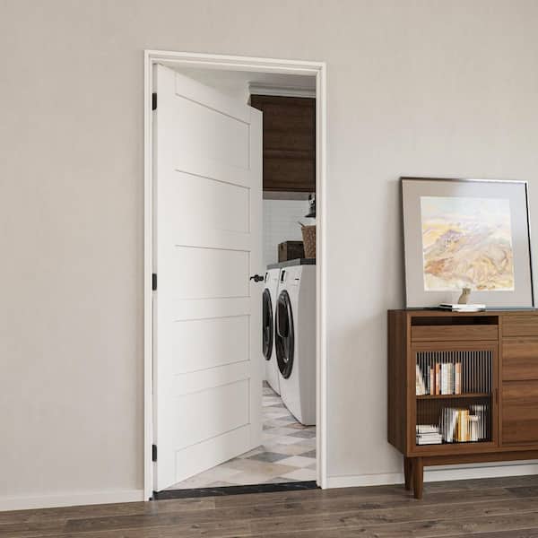 36 in. x 80 in. Paneled 5-Lite Left Handed Primed White Solid Core MDF Wood Door Kit with Quick Assemble Jamb