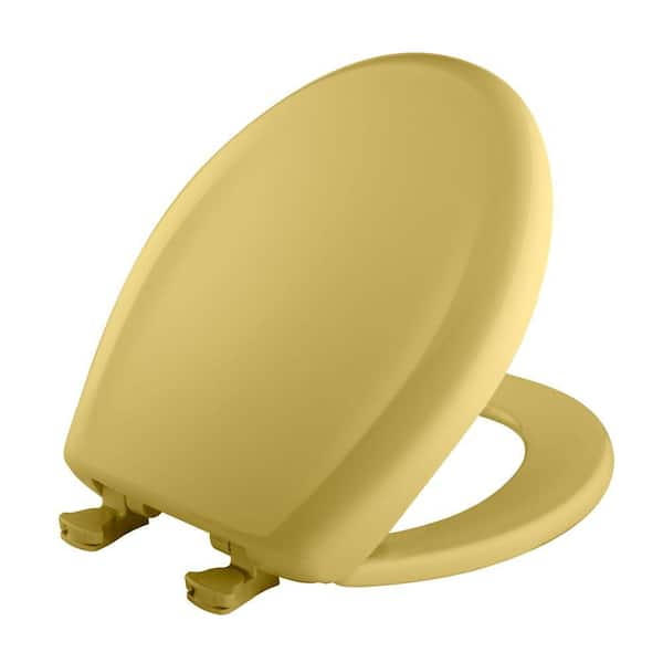 Soft Close Round Plastic Closed Front Toilet Seat in Yellow Removes for Easy Cleaning and Never Loosens