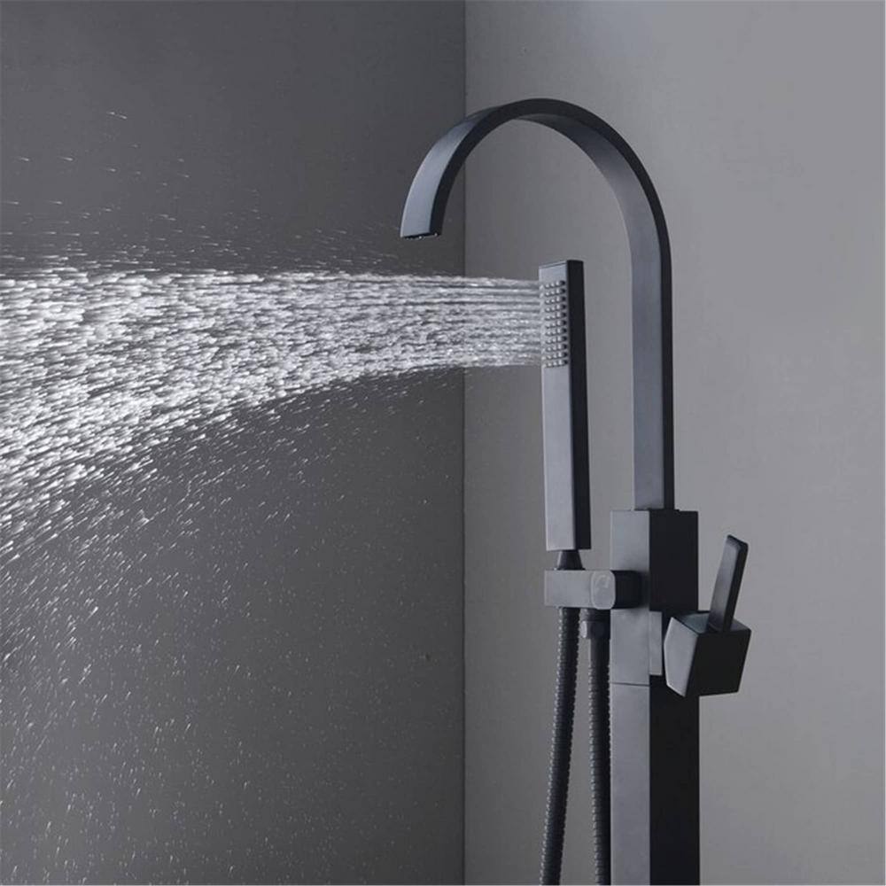 Matte Black Brass Freestanding Waterfall Tub Faucet with Hand Shower