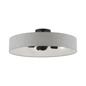 Elmhurst 22 in. 4-Light Black Large Semi-Flush Mount with an Urban Gray Fabric Shade with White Color Fabric Inside