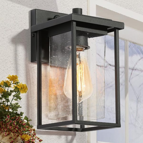 LNC Modern Black Outdoor Wall Sconce 1-Light Rustic Cage Wall Lantern for Patio with Square Seeded Glass Shade