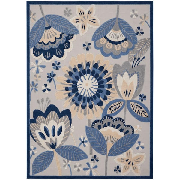 Nourison Aloha Blue/Gray 10 ft. x 13 ft. Floral Contemporary Indoor/Outdoor Patio Area Rug