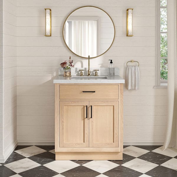 Hepburn 30 in. Single Sink Freestanding Bathroom Vanity in Oak with Carrara White Marble Top