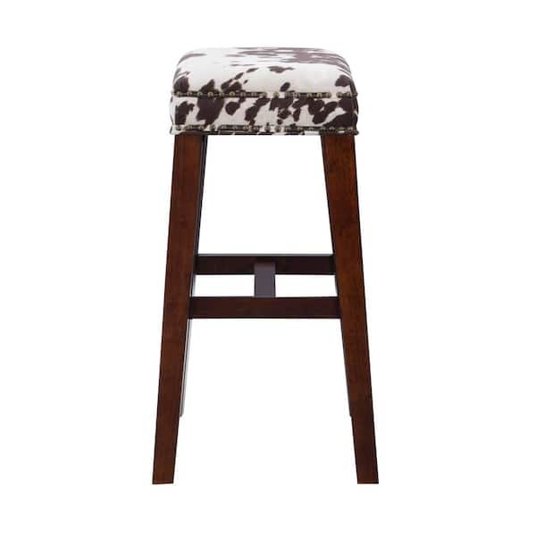 Benjamin 30 in. Brown Backless Wood Bar Stool with Cow Printed Polyester Seat