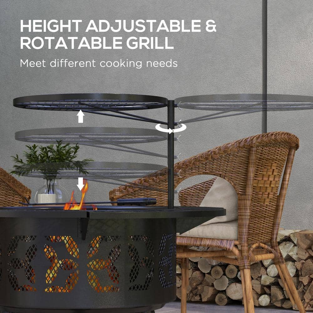 33" Black Steel Round Free-standing Fire Pit with Adjustable Grill