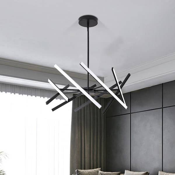 Modern 8-Light Black Linear Dimmable Sputnik Integrated LED Pendant Light for Living room