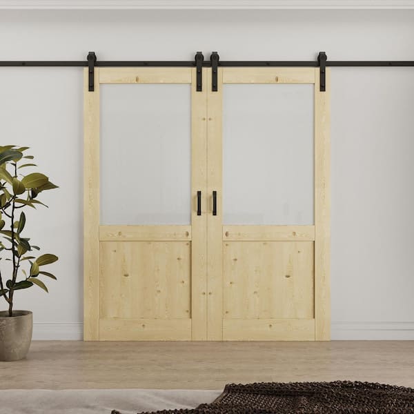 72 in. x 80 in. 1/2-Lite Frosted Glass Solid Core Unfinished Pine Wood Sliding Barn Door with Hardware Kit
