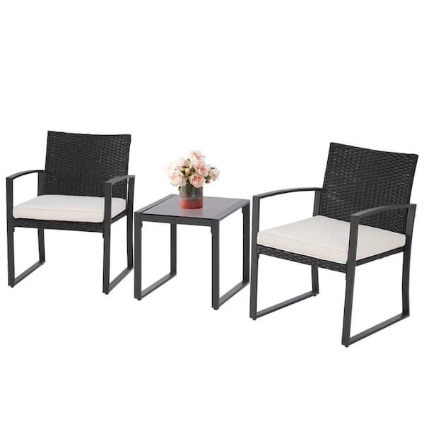 Suncrown Black 3-Piece Wicker Outdoor Bistro Set with Beige Cushion