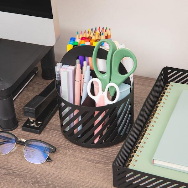 Round 6 in. W x 7.25 in. H Metal Desktop Carousel Organizer with Handle, Four Compartments, Metal, Black