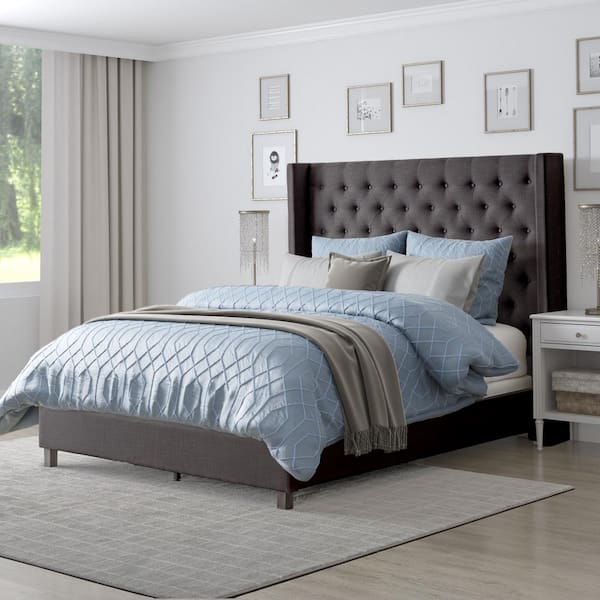 Dark Grey Tufted Fabric King Bed, Dark Grey Upholstered King Bed