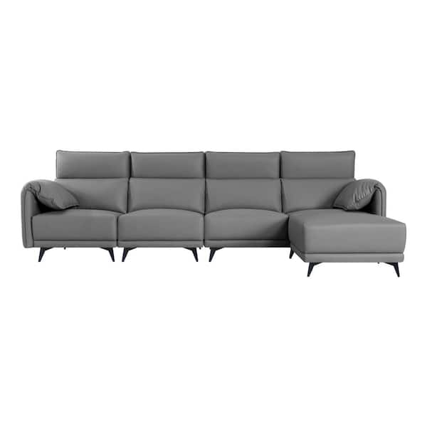 MAYKOOSH 122.83 in. Faux Leather 4-Seater Sofa Couch with Headrests and Ottoman Small Sectional Living Room Sofa Set in Gray