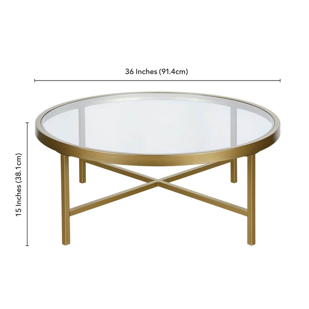 Elegant 36" Round Glass-Top Coffee Table with Brass Finish