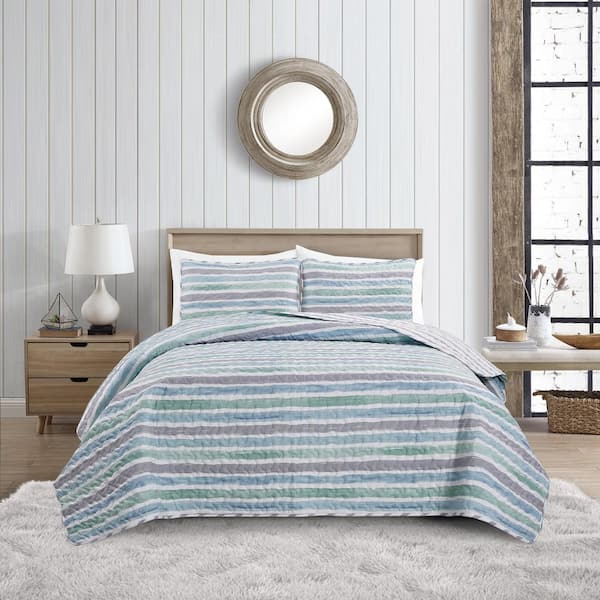VIDERI HOME Watercolor Stripe Green Multi-Color King Microfiber Quilt Set