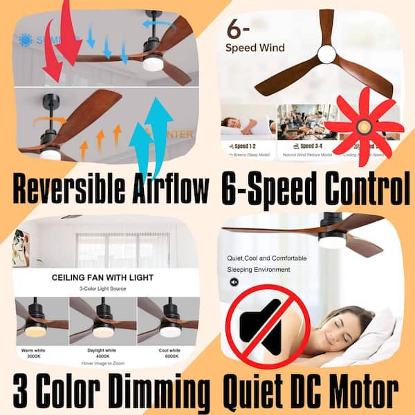 Classic 60 in. Brown Smart Ceiling Fan Indoor Walnut Low Profile Modern with 3000K LED with Remote Downrod Mount
