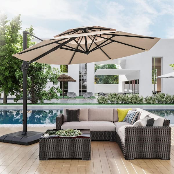 Sonkuki 11 ft. Double Top Aluminum Cantilever Patio Umbrella with Base for Patio Deck Garden in Sand