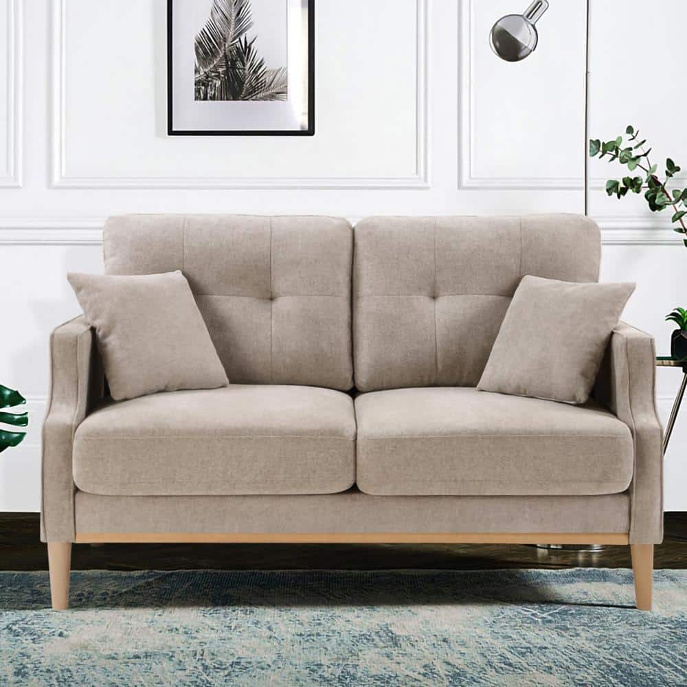 50 Loveseat Sofa, Mid Century Linen Fabric 2-Seat Sofa Couch with Back  Cushions and Tapered Wood Legs, Upholstered Small Sofa with 2 Pillows for