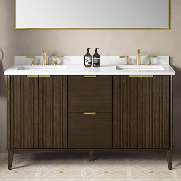 Gabi 60 in. Double Sink Dark Walnut Bath Vanity with White Engineered Stone Top (Assembled)