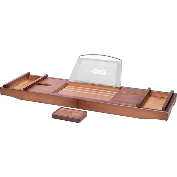 VIVOHOME Expandable 43 Inch Bamboo Bathtub Caddy Tray in Brown with Holders, Soap Tray, Wine Glass Slot