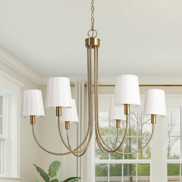 Transitional 28.5 in. 6-Light Plated Brass Sputnik Chandelier, Vintage Dining Room Chandelier with White Fabric Shade