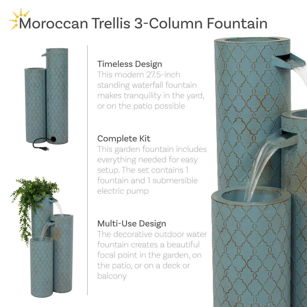 Moroccan Trellis Blue Zinc 3-Column Outdoor Water Fountain
