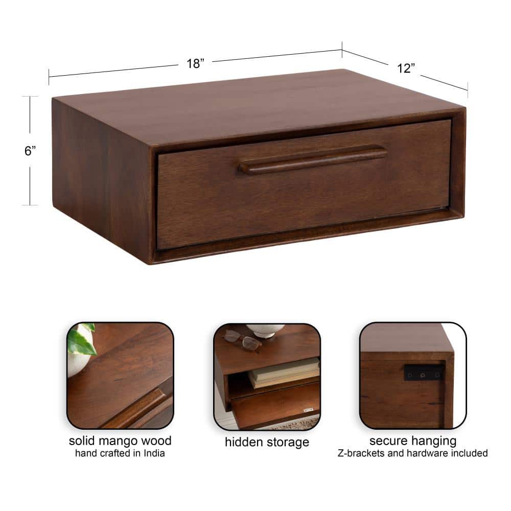 Dark Walnut Mango Wood Floating Wall Shelf with Drawer