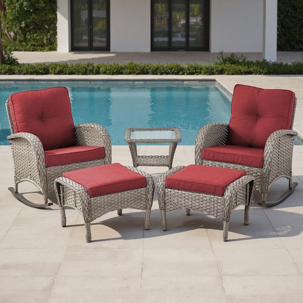 PlainCurve 5-Piece Gray Wicker Patio Conversation Set with Rocking Chairs and  Olefin Red Cushions