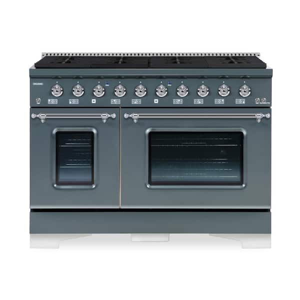 Hallman CLASSICO 48-in 6.7 CF 8-Burners Double Oven Dual Fuel Range Gas Stove and Electric Oven, in Blue/Grey with Chrome Trim