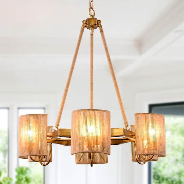 Flint Garden Bohemian 28.7 in. 6-Light Gold Hemp Rope Wagon Wheel Chandelier for Dining Room