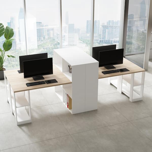FUFU&GAGA 105.1 in. W Rectangular White Double Wood Computer Desk Workstation For Office, with Bookcase, Open Shelves