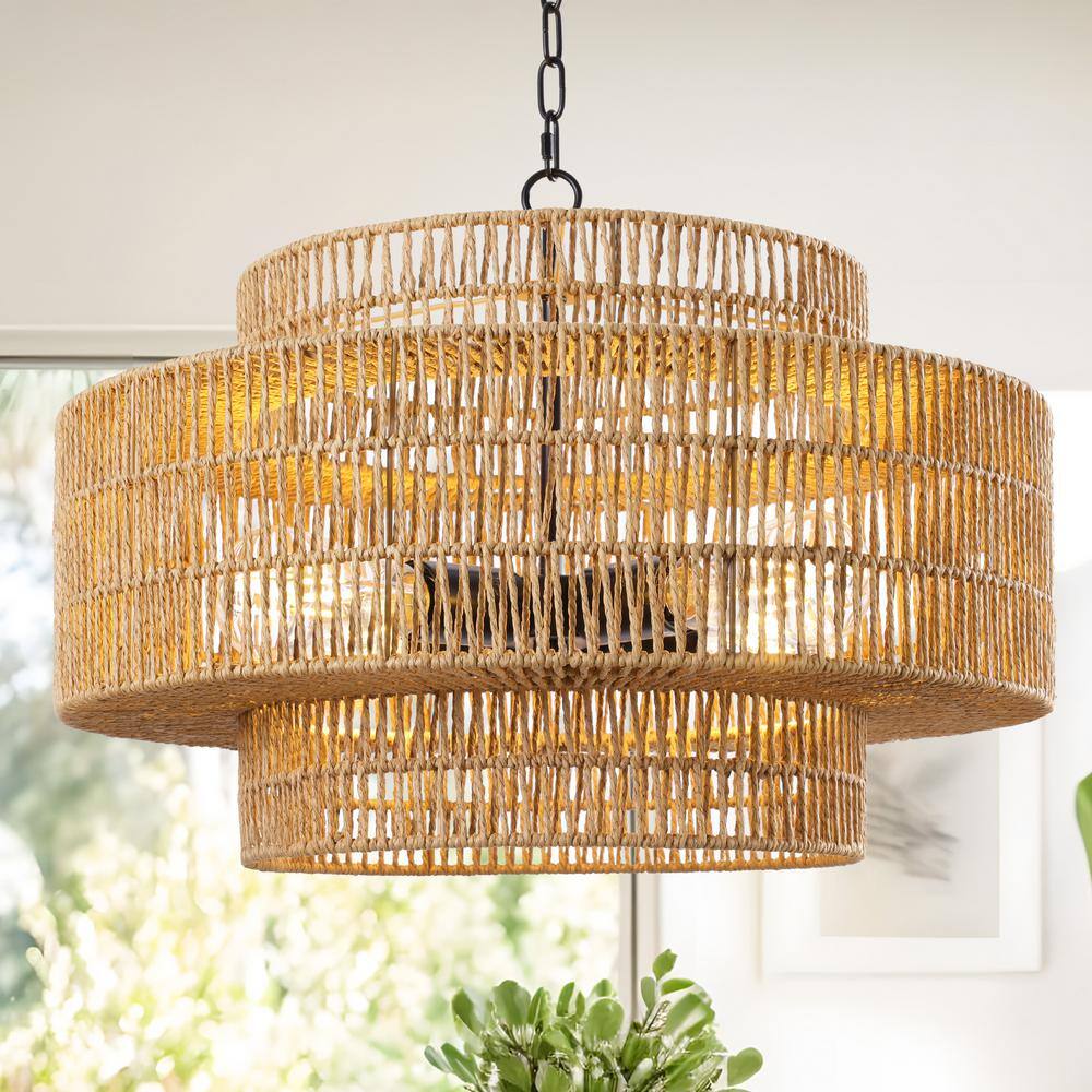 19.6 in. 4-Light 3-Tier Black Hand-Woven Rattan Drum Chandelier price history on PriceWatchPro