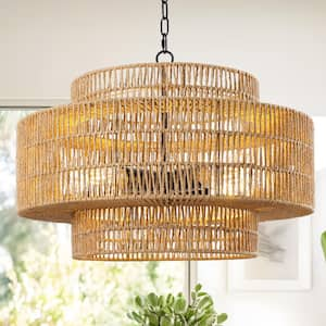 19.6 in. 4-Light 3-Tier Black Hand-Woven Rattan Drum Chandelier