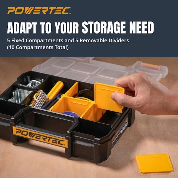 POWERTEC Small Parts Organizer and Tool Box, 10 Compartments, Stackable Storage w/ Removable Dividers, Clear Lid, Portable Design