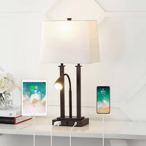 Blaire 23.75 in. Oil Rubbed Bronze 2-Light Metal LED Table Lamp with USB port, Adjustable Reading Light and AC Outlet