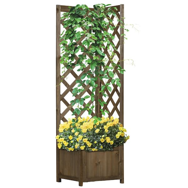 Outsunny 14.25 in. x 14.25 in. x 9 in. Carbonized Brown Wooden Raised Garden Bed with Trellis