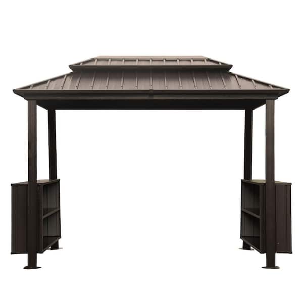 6 ft. x 10 ft. Brown Hardtop Gazebo Grill Canopy with Double Galvanized Steel Roof, 2 Storage Cabinets and Ceiling Hooks