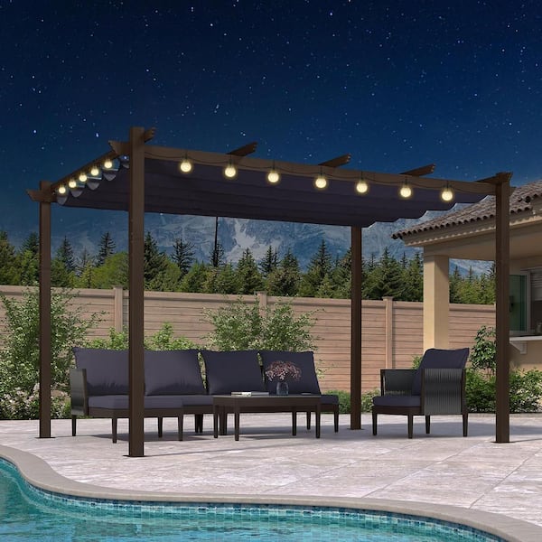 PURPLE LEAF 10 ft. x 12 ft. Bronze Aluminum Frame Morden Pergola with Navy Blue Retractable Sun Shade Canopy and String Lights