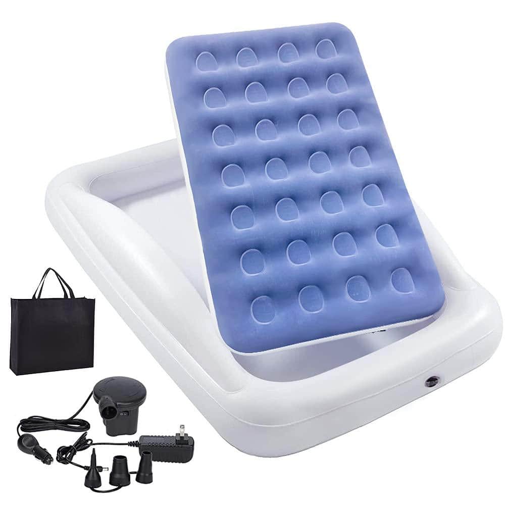 12 in. Blue Portable Twin Kids Air Mattress Set with Security Bed Rails and