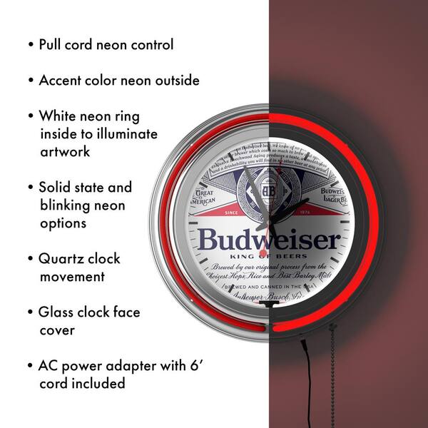 Budweiser Red Label Design Lighted Analog Neon Clock AB8LBL