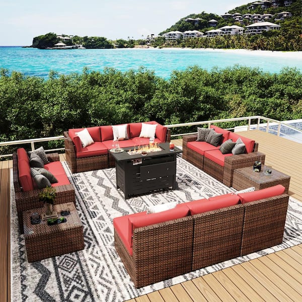 Sizzim 13-Piece Patio Wicker Sectional Set with 40 in. Metal Fire Pit Table, Red Cushions, and Set Covers