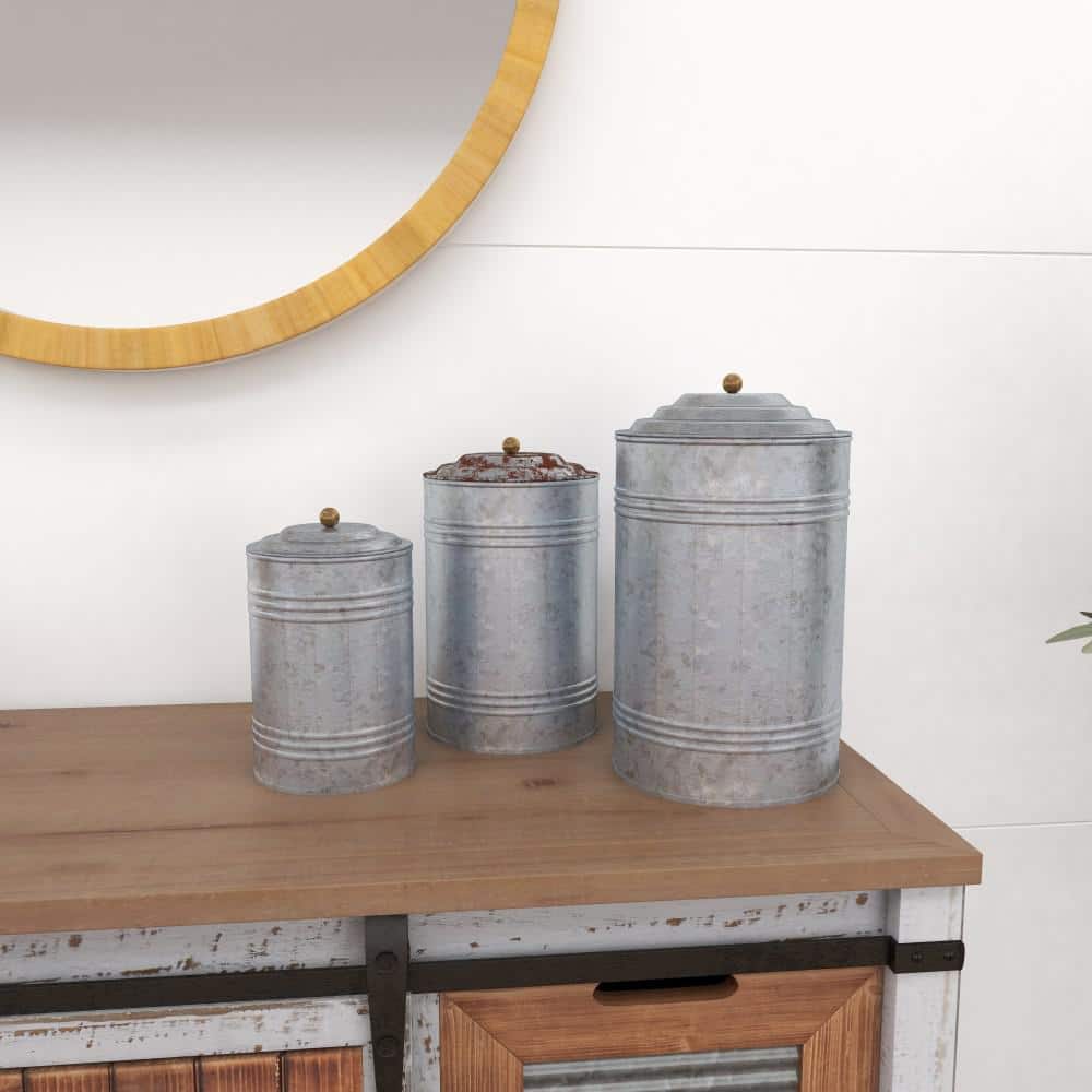 Gray Galvanized Metal Cylinder Canister Set with Lids