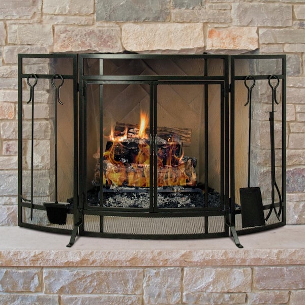 Vanity Art Three Panel Foldable Iron Fireplace Screen with Door