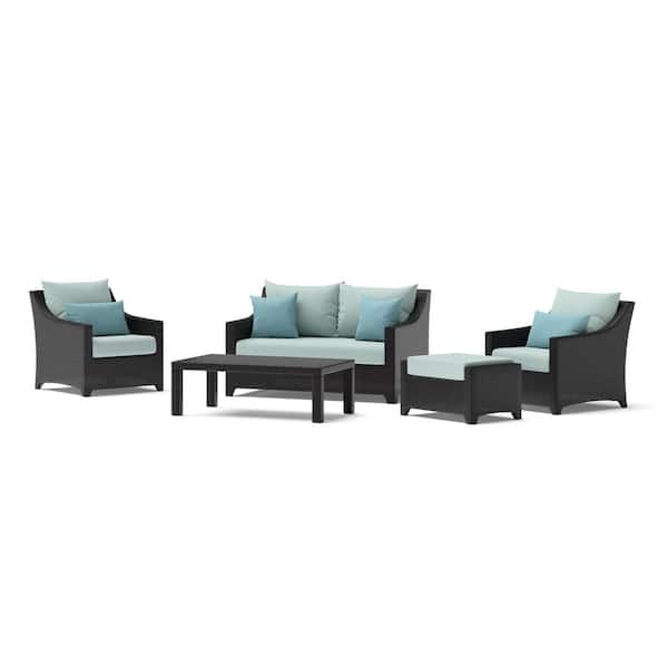 RST BRANDS Deco 5-Piece Wicker Patio Loveseat and Club Conversation Set with Sunbrella Spa Blue Cushions