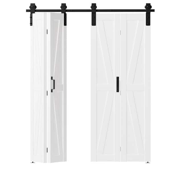 72 in. x 84 in . (36 in. x 2) K-Shaped Bi-Fold MDF White Pre-drilled Sliding Barn Door with Hardware Kit Set
