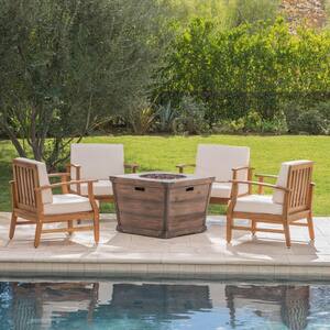 Mark Teak Brown 5-Piece Wood Patio Fire Pit Set with Cream Cushions
