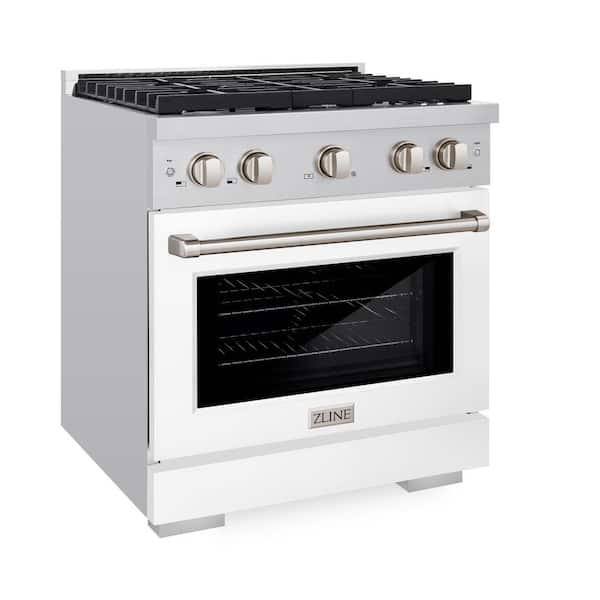 ZLINE Kitchen and Bath 30 in. 4 Burner Freestanding Gas Range & Convection Gas Oven with White Matte Door in Stainless Steel