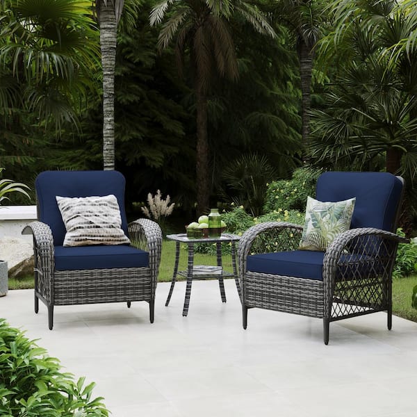UPHA 2 Pieces Outdoor Gray Wicker Patio Conversation Sofa Seating Set with Coffee Table in Navy Blue