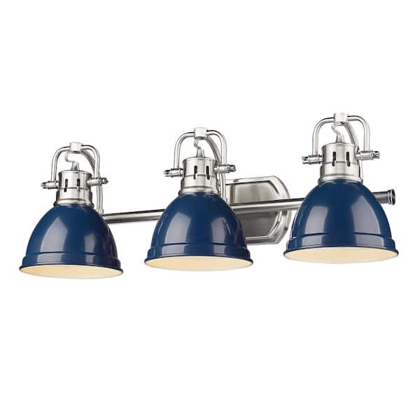 Golden Lighting Duncan 24.5 in. 3-Light Pewter Vanity Light with Navy Blue Shades