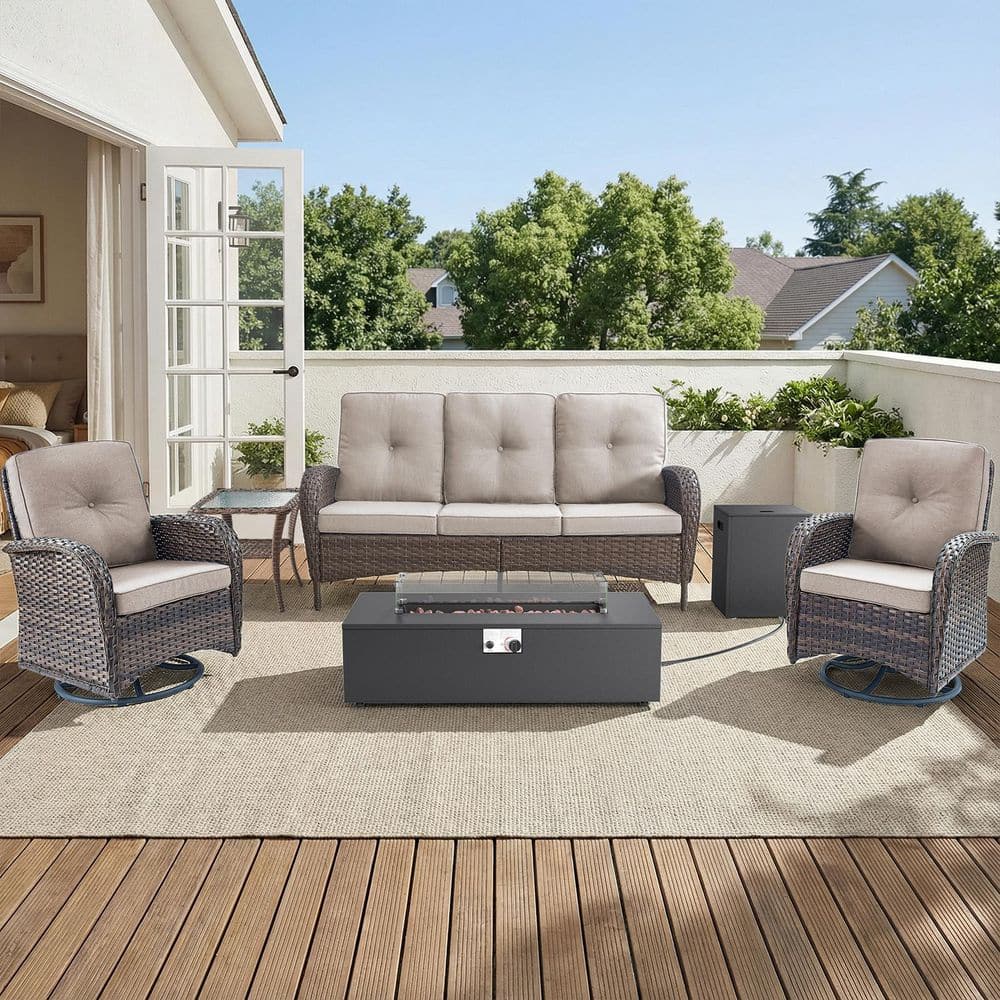 Carlos 5-Piece Wicker Patio Conversation Set with Fire Pit, Outdoor Swivel Furniture Sets with 4 in. Cushions in Beige price history on PriceWatchPro