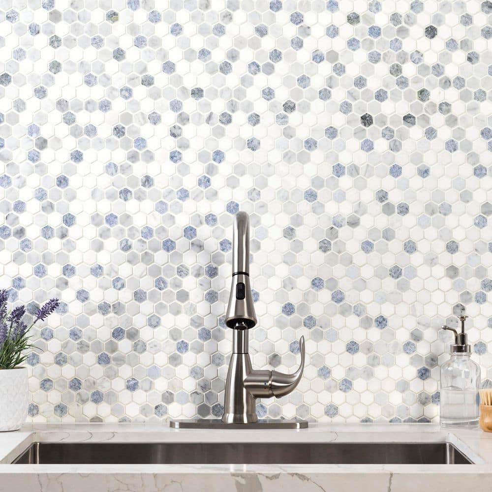 Azula Hexagon Blue and Gray Marble Mosaic Tile