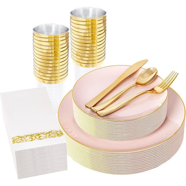 175-Piece Pink and Gold Disposable Dinnerware Set with Plates, Silverware, Cups, and Napkins for 25 Use